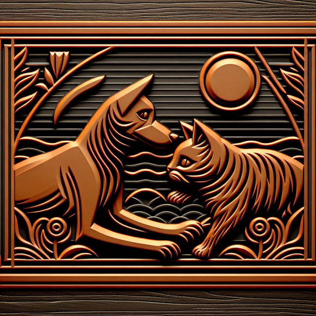 visually striking 3d embossed featuring scene loving interaction between orange cat dog design encapsulate essence dystopi...