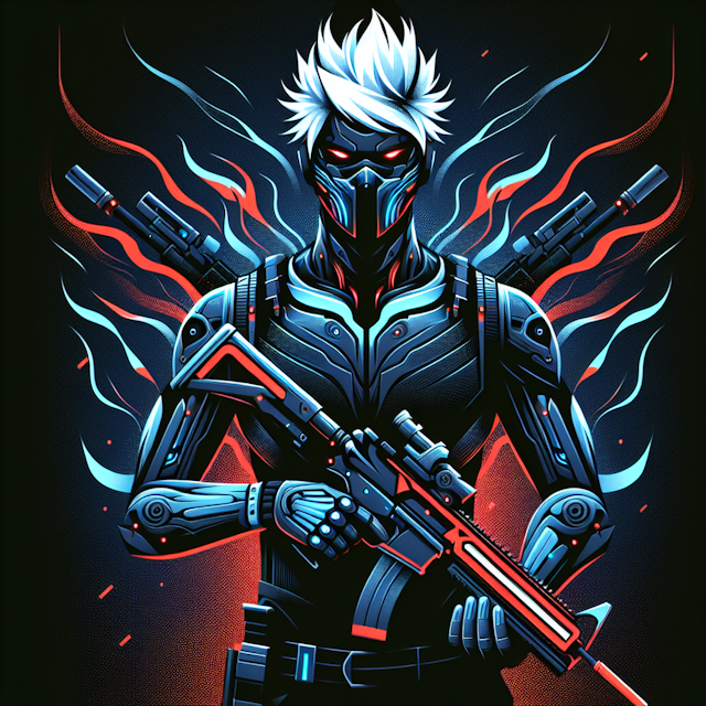 generate stylized character futuristic feel character have distinct white spiky hair wear black mask covering lower half t...