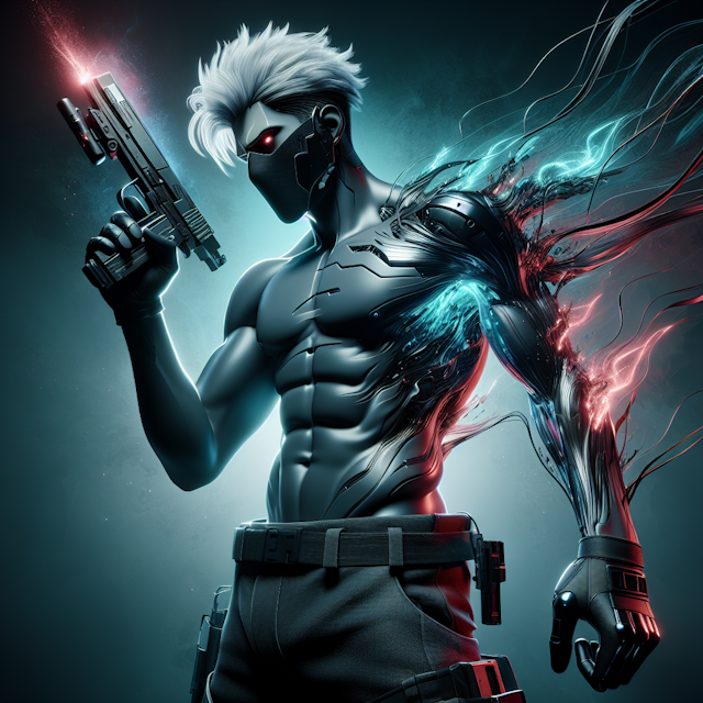 render illustration fictional character advanced high-tech reality character has white blue hair styled cutting-edge manne...