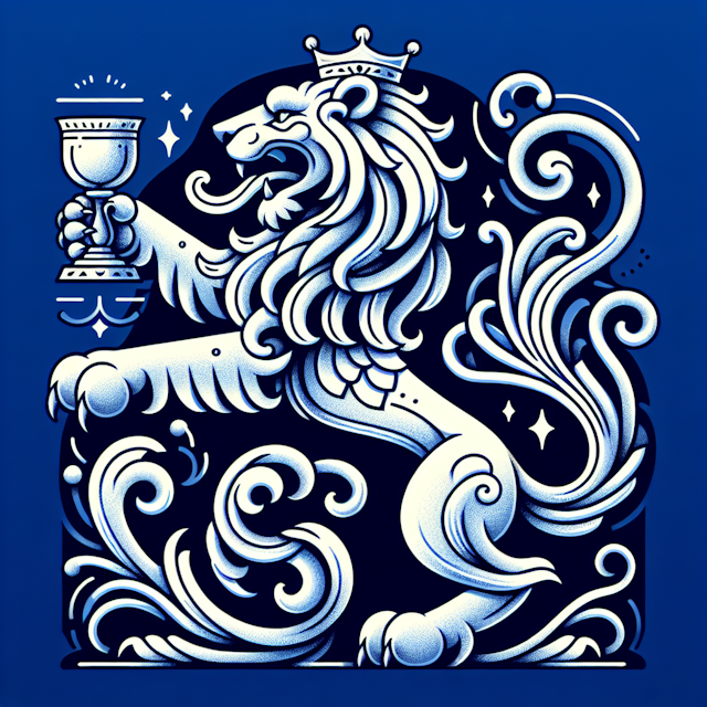 please detailed flamboyant cartoonish heraldic lion feline creature appear majestic pose standing its hind legs one its fr...