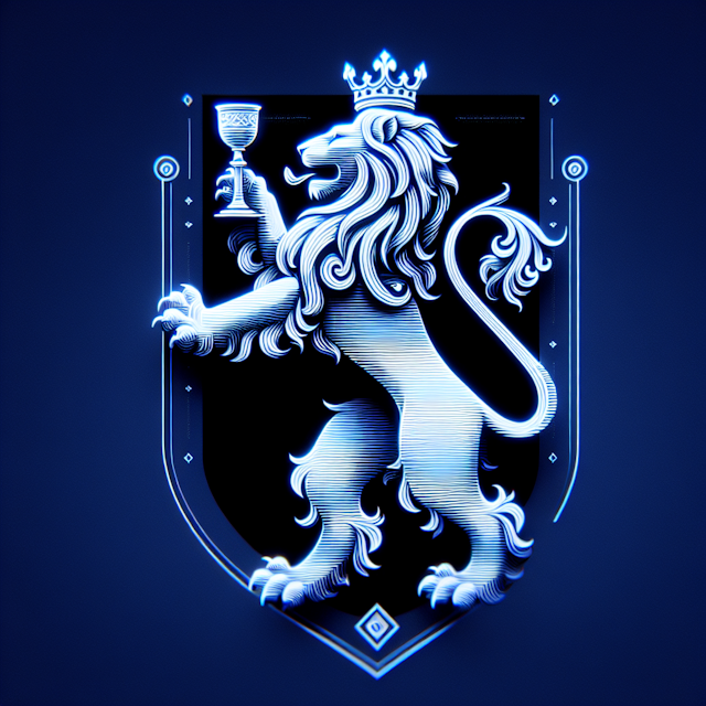 envision monochromatic design featuring outline heraldic lion standing 'rampant' its hind legs holding goblet its right pa...