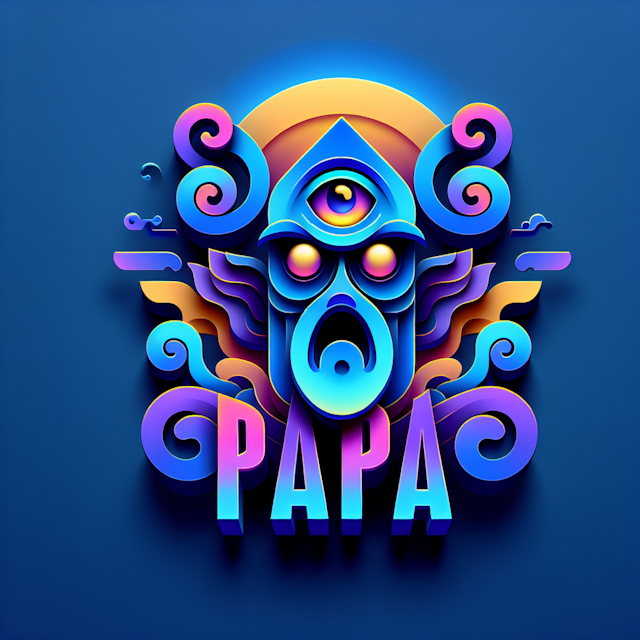 visually striking gradient 3d logo designed gaming industry term 'papa' featured prominently design have bold surrealistic...