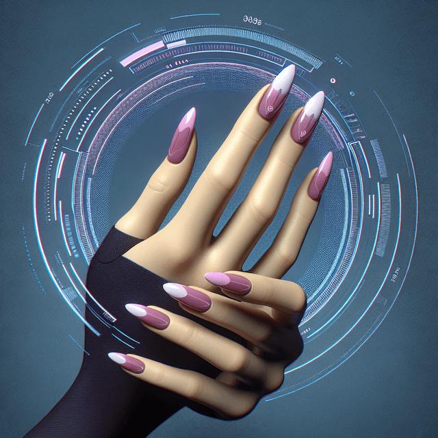 3d holographic close-up view hands person boasting classic french manicure characterized by long almond-shaped nails pink ...