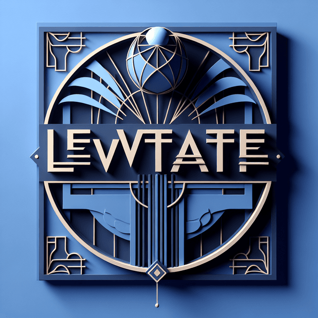 produce 3d rendering striking 'levitate' logo art design sector employ daring style art deco design backdrop painted mediu...