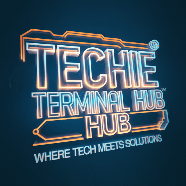 make glowing 3d logo technology 
   industry named "techie terminal hub" slogan named "where tech meets solutions" full co...